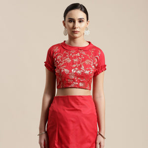 Beautiful Red Colored Festive Wear Silk Blend Woven Geometric Saree With Tassels - Peachmode