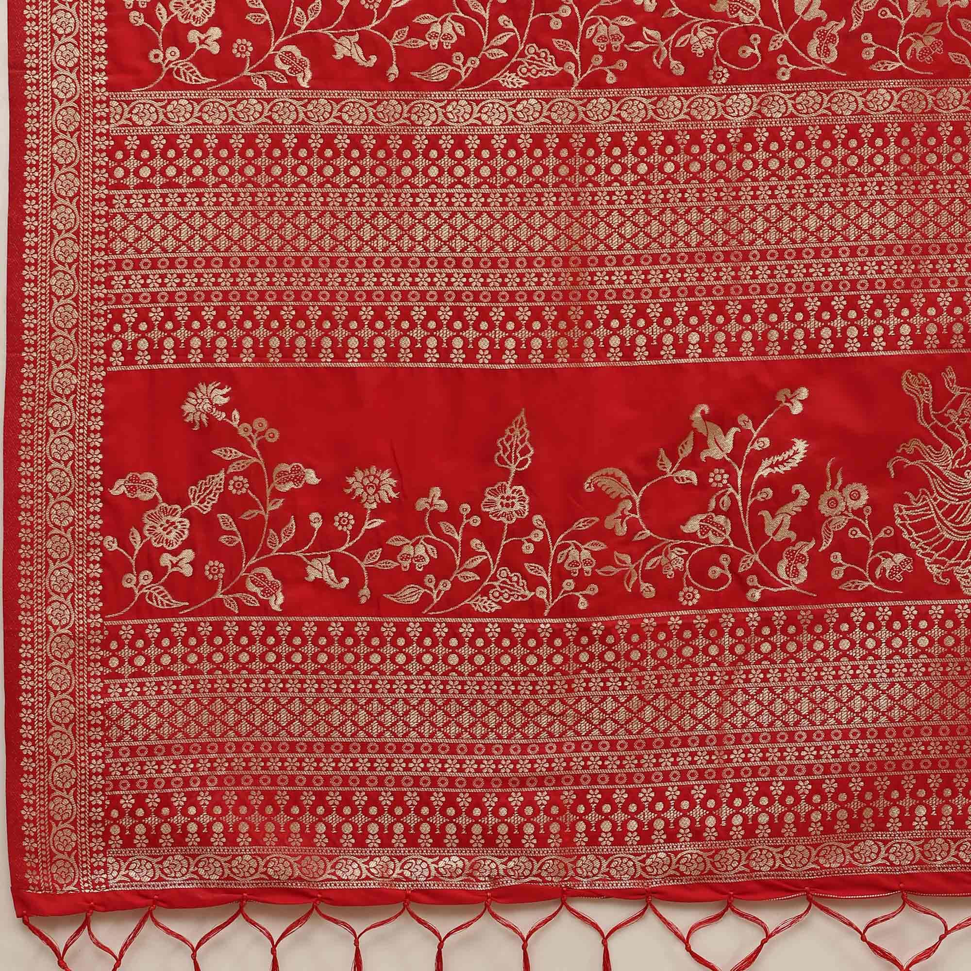 Beautiful Red Colored Festive Wear Silk Blend Woven Geometric Saree With Tassels - Peachmode