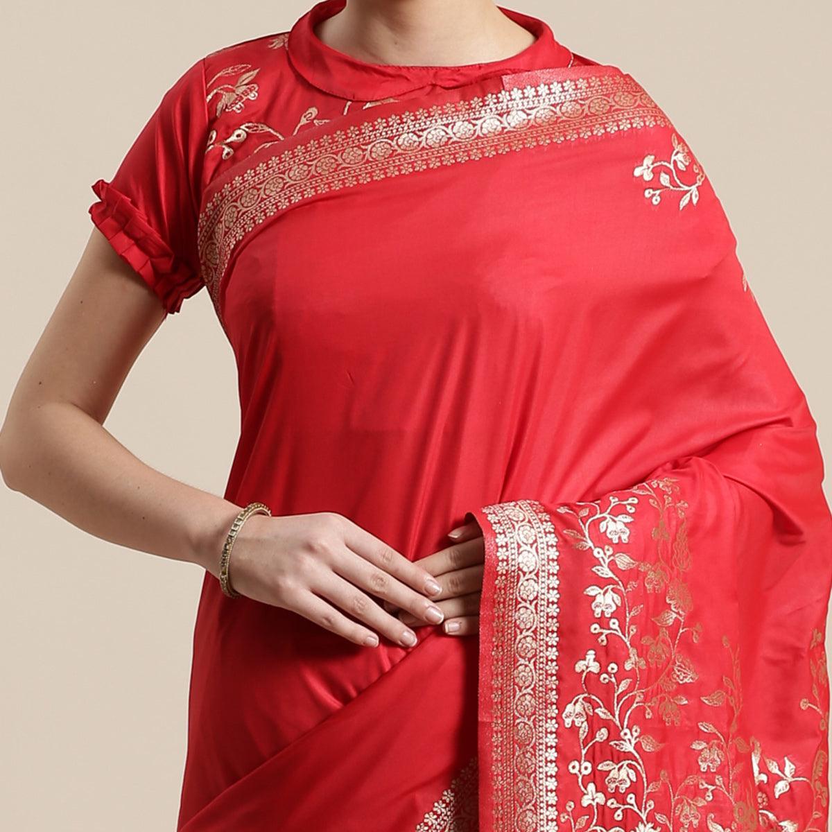 Beautiful Red Colored Festive Wear Silk Blend Woven Geometric Saree With Tassels - Peachmode