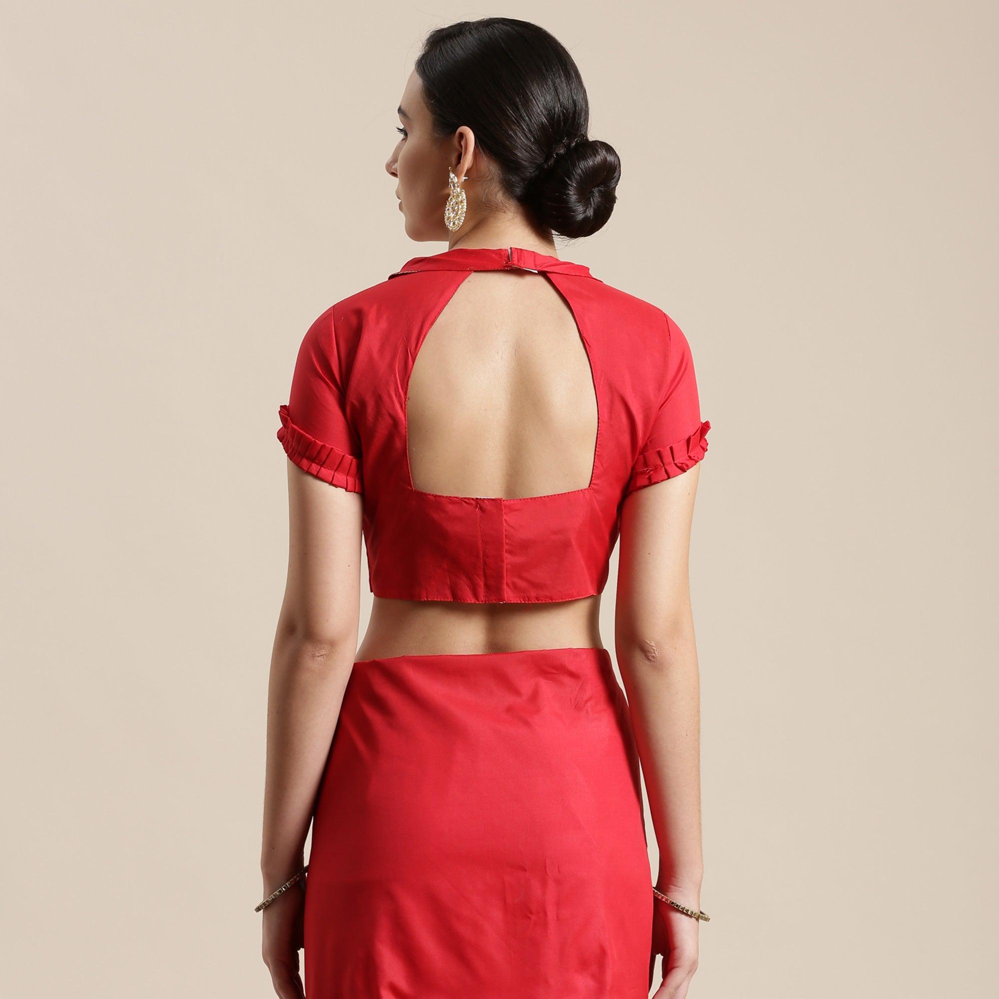 Beautiful Red Colored Festive Wear Silk Blend Woven Geometric Saree With Tassels - Peachmode