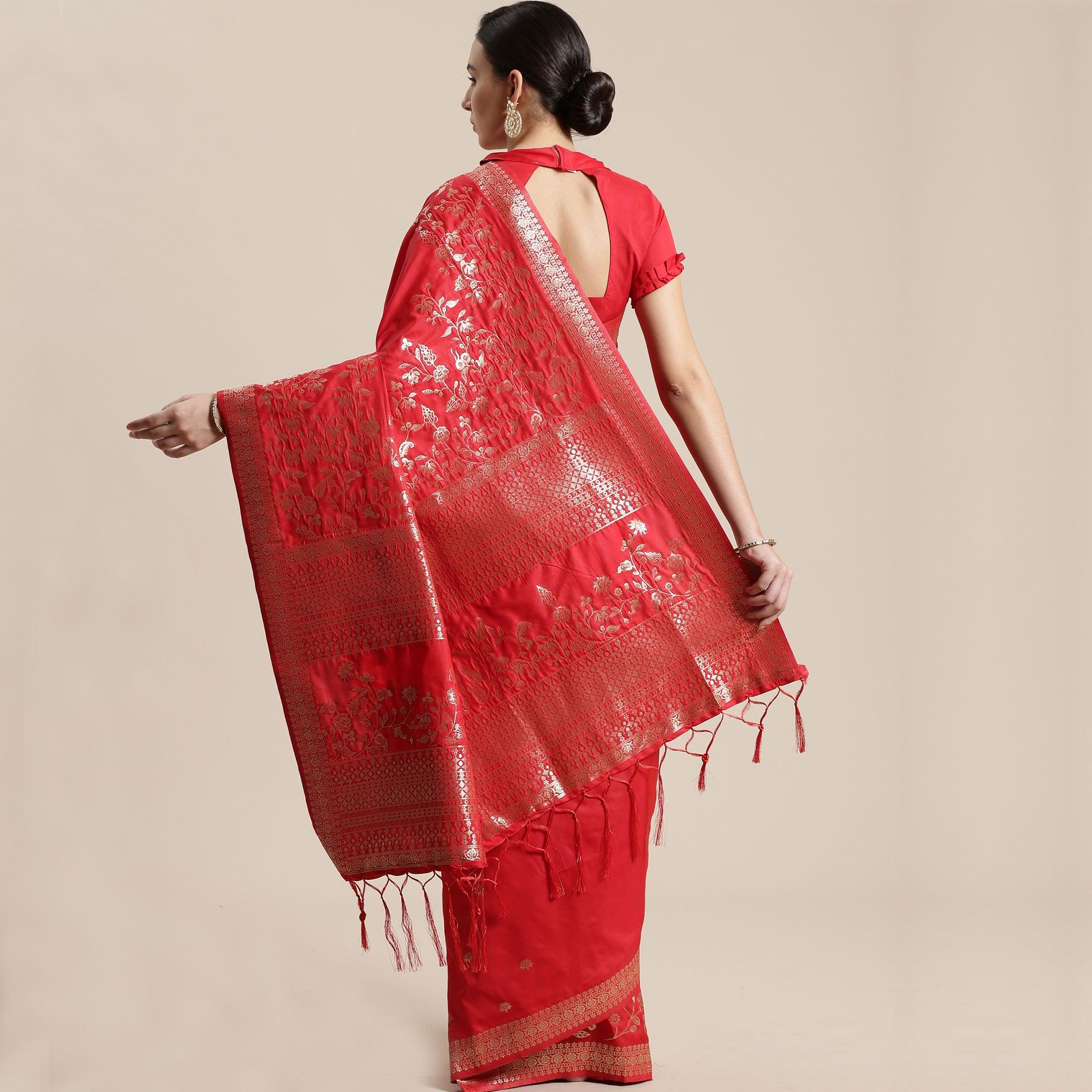 Beautiful Red Colored Festive Wear Silk Blend Woven Geometric Saree With Tassels - Peachmode