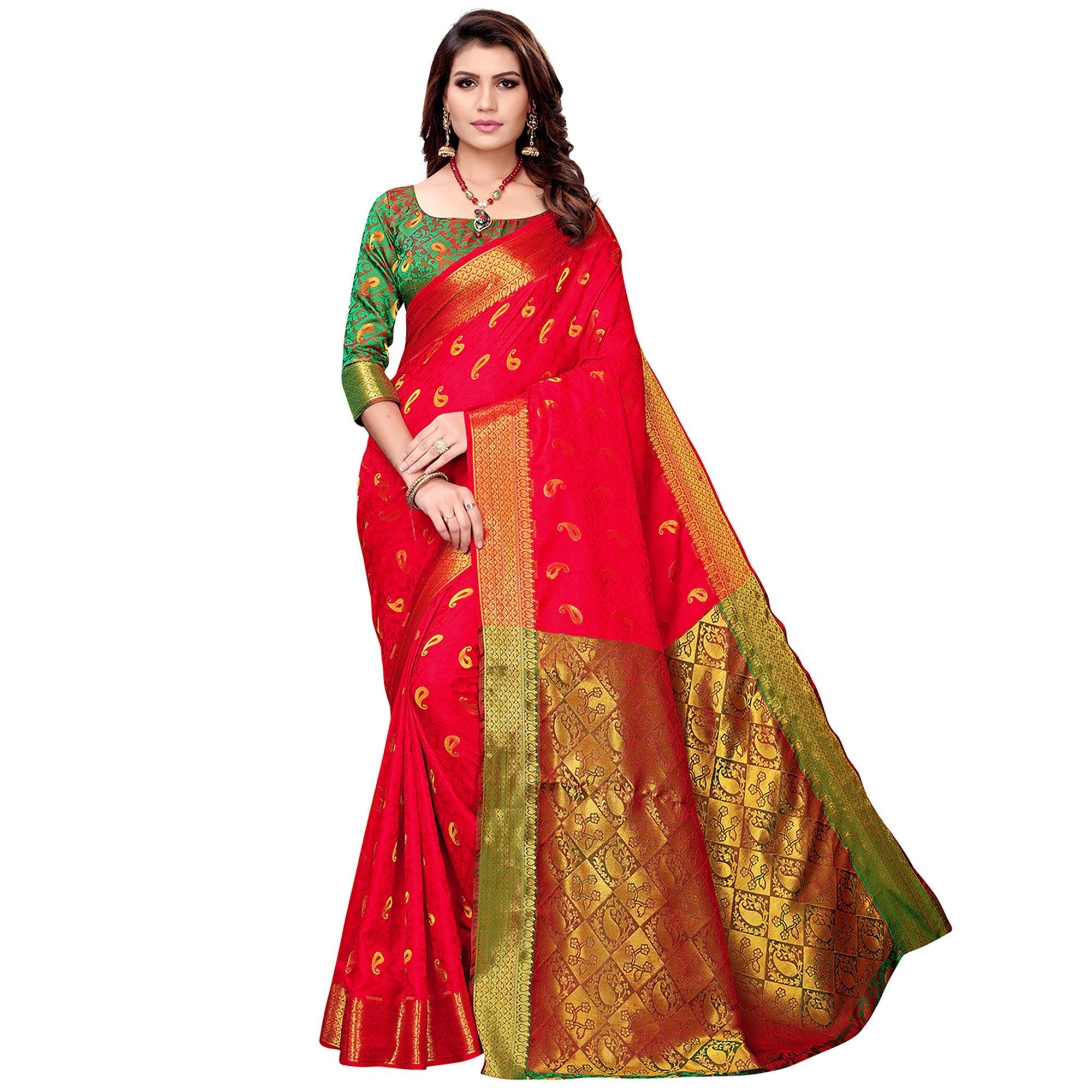 Beautiful Red Colored Festive Wear Woven Silk Saree - Peachmode