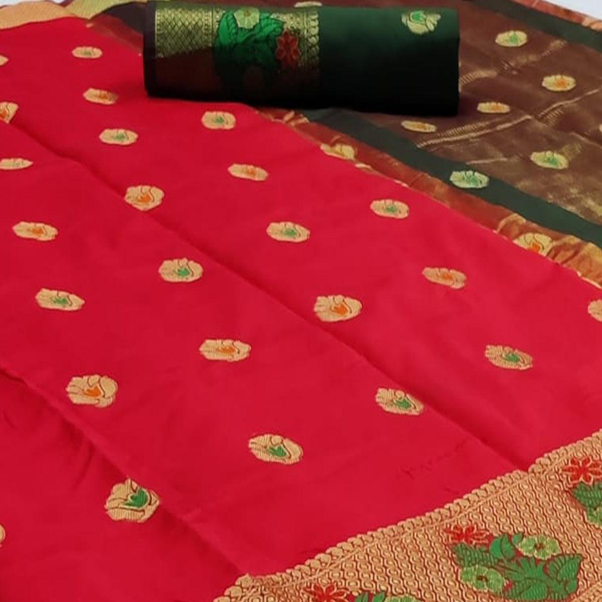 Beautiful Red Colored Festive Wear Woven Soft Silk Saree - Peachmode