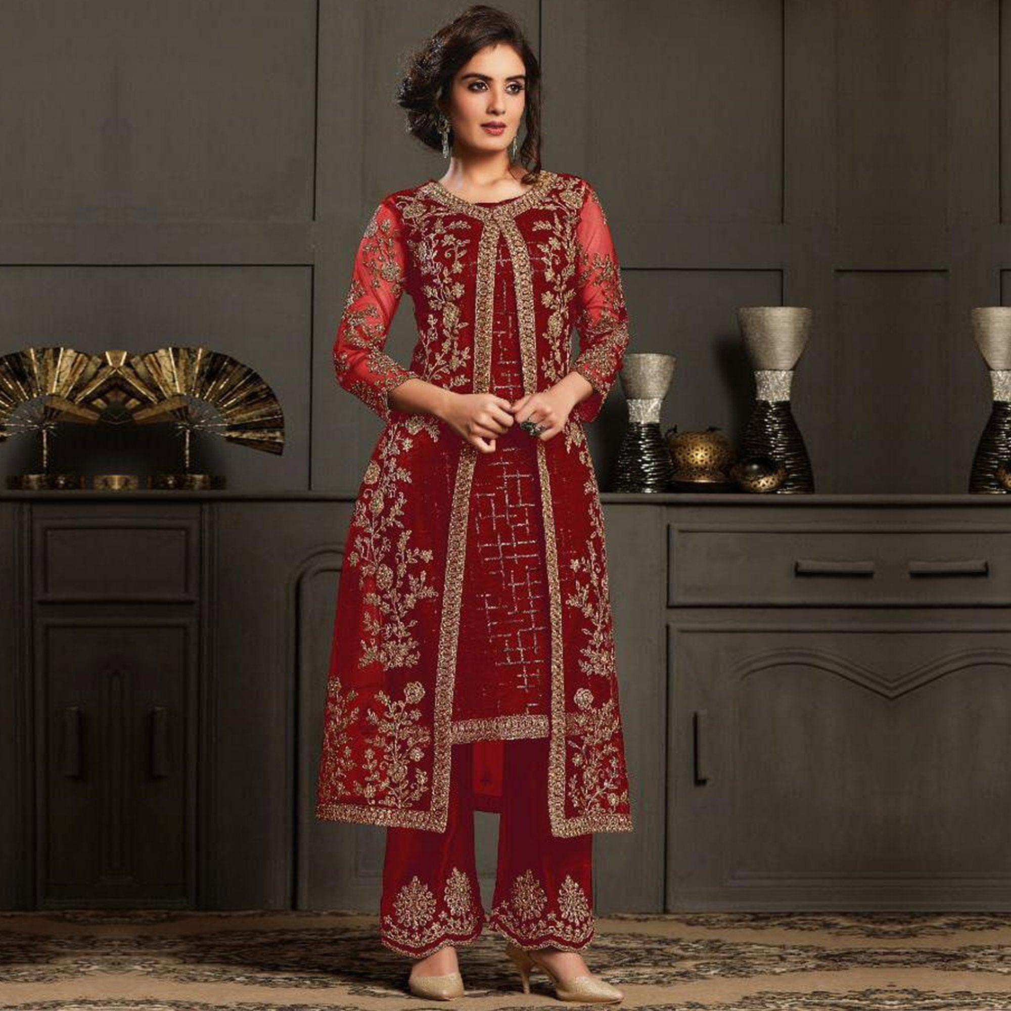 Beautiful Red Coloured Party Wear Floral Embroidered Butterfly Net Pakistani Straight Suit - Peachmode