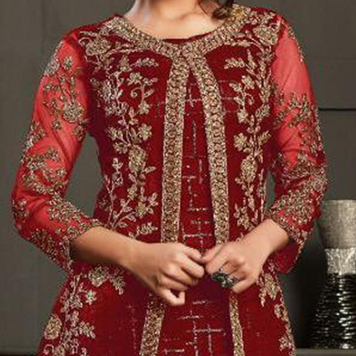 Beautiful Red Coloured Party Wear Floral Embroidered Butterfly Net Pakistani Straight Suit - Peachmode