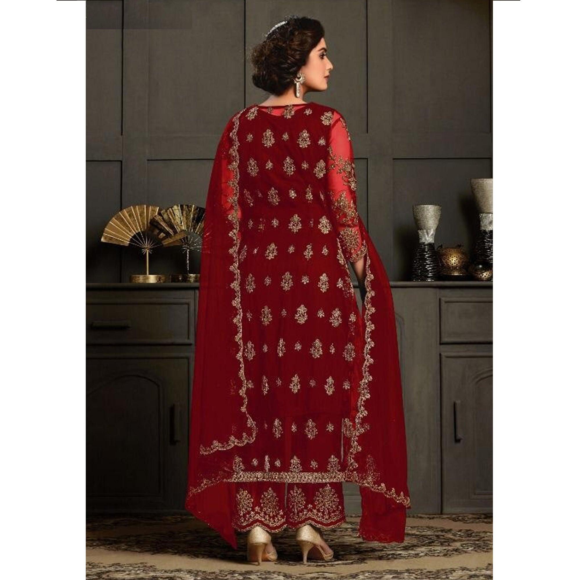 Beautiful Red Coloured Party Wear Floral Embroidered Butterfly Net Pakistani Straight Suit - Peachmode