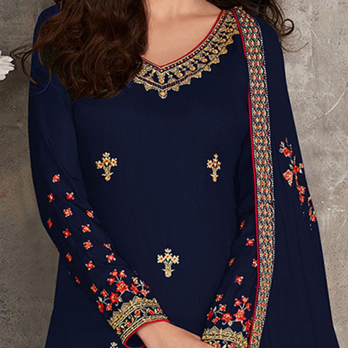 Beautiful Royal Blue Coloured Partywear Designer Heavy Rangoli Georgette Palazzo Suit - Peachmode
