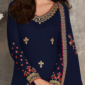 Beautiful Royal Blue Coloured Partywear Designer Heavy Rangoli Georgette Palazzo Suit - Peachmode