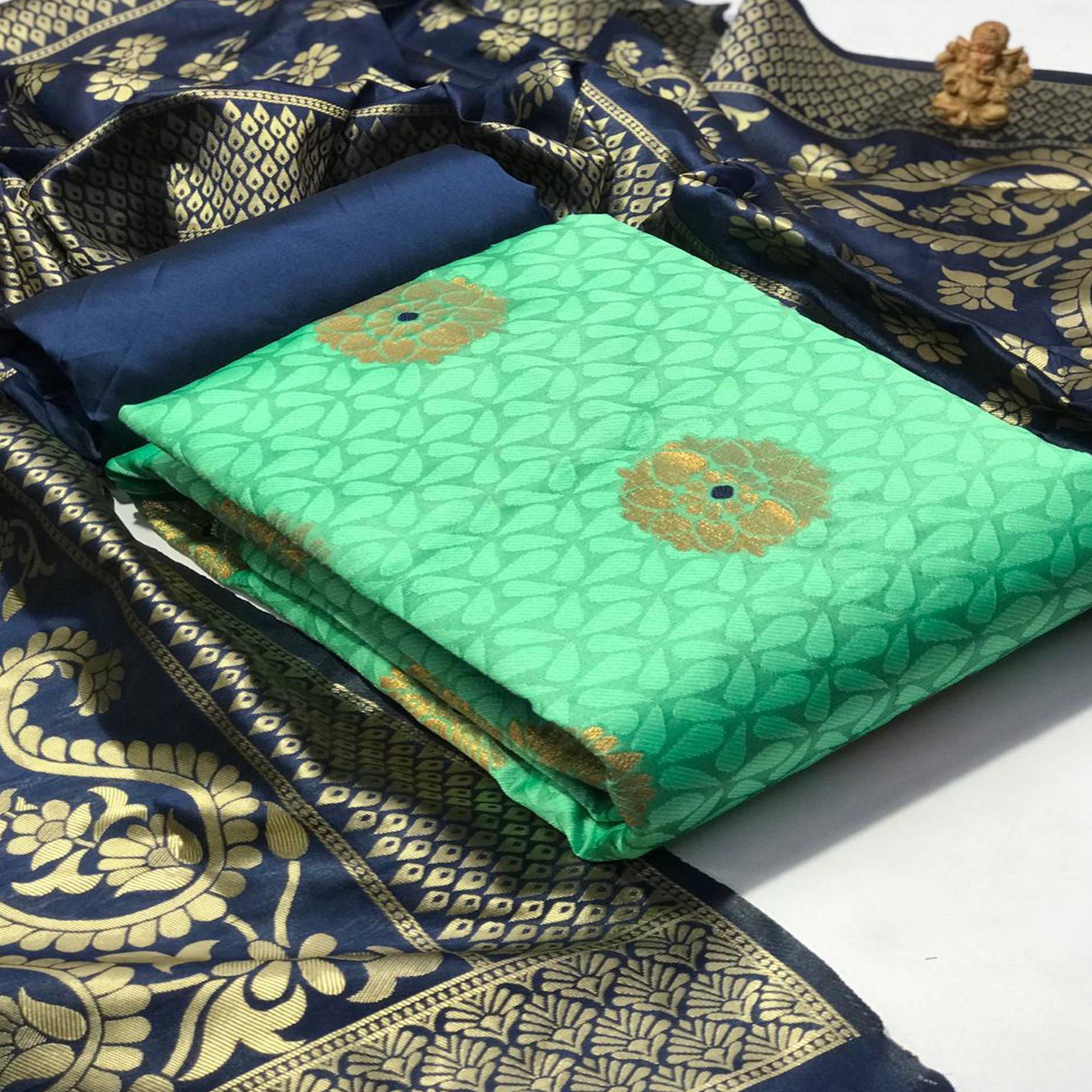 Beautiful Sea Green Colored Casual Wear Banarasi Silk Dress Material - Peachmode