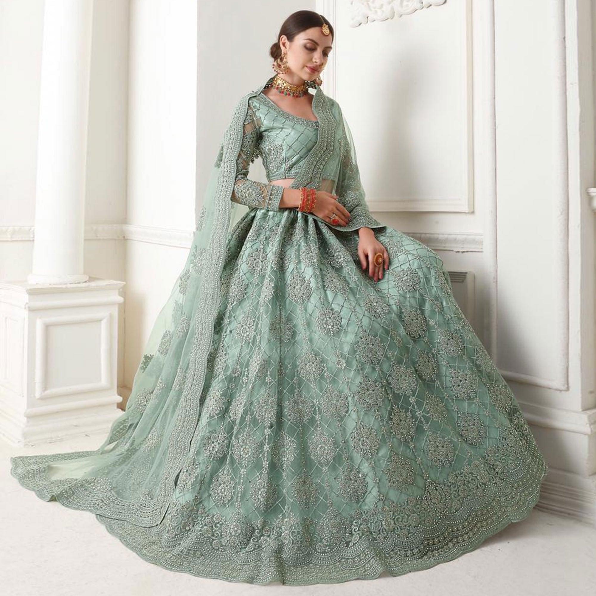 Beautiful Teal Grey Colored cording Embroidery Wedding Wear Net Lehenga Choli - Peachmode