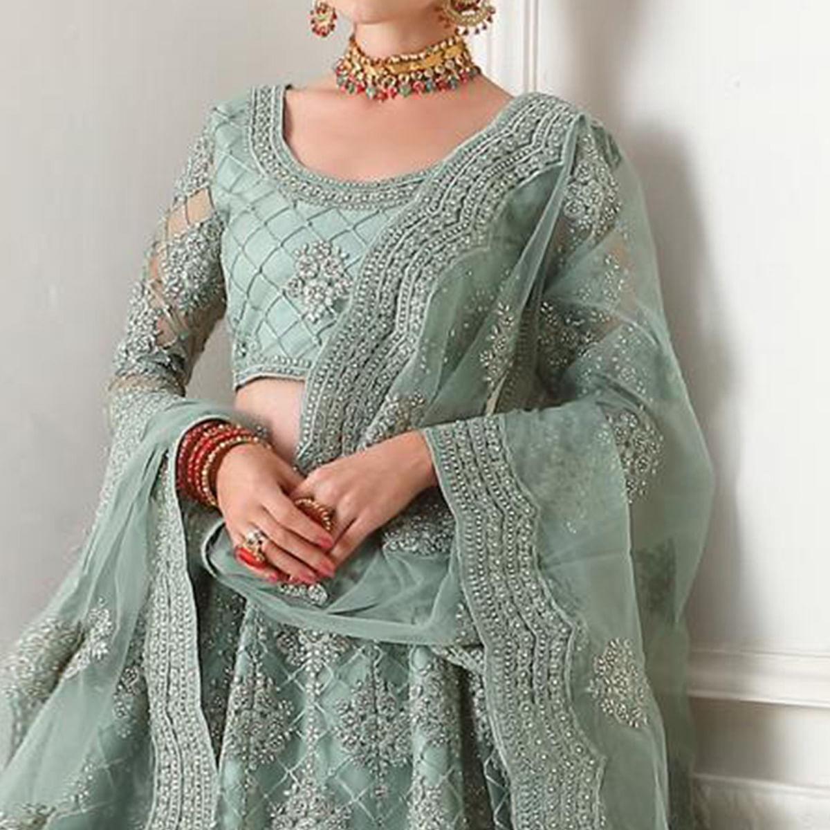 Beautiful Teal Grey Colored cording Embroidery Wedding Wear Net Lehenga Choli - Peachmode