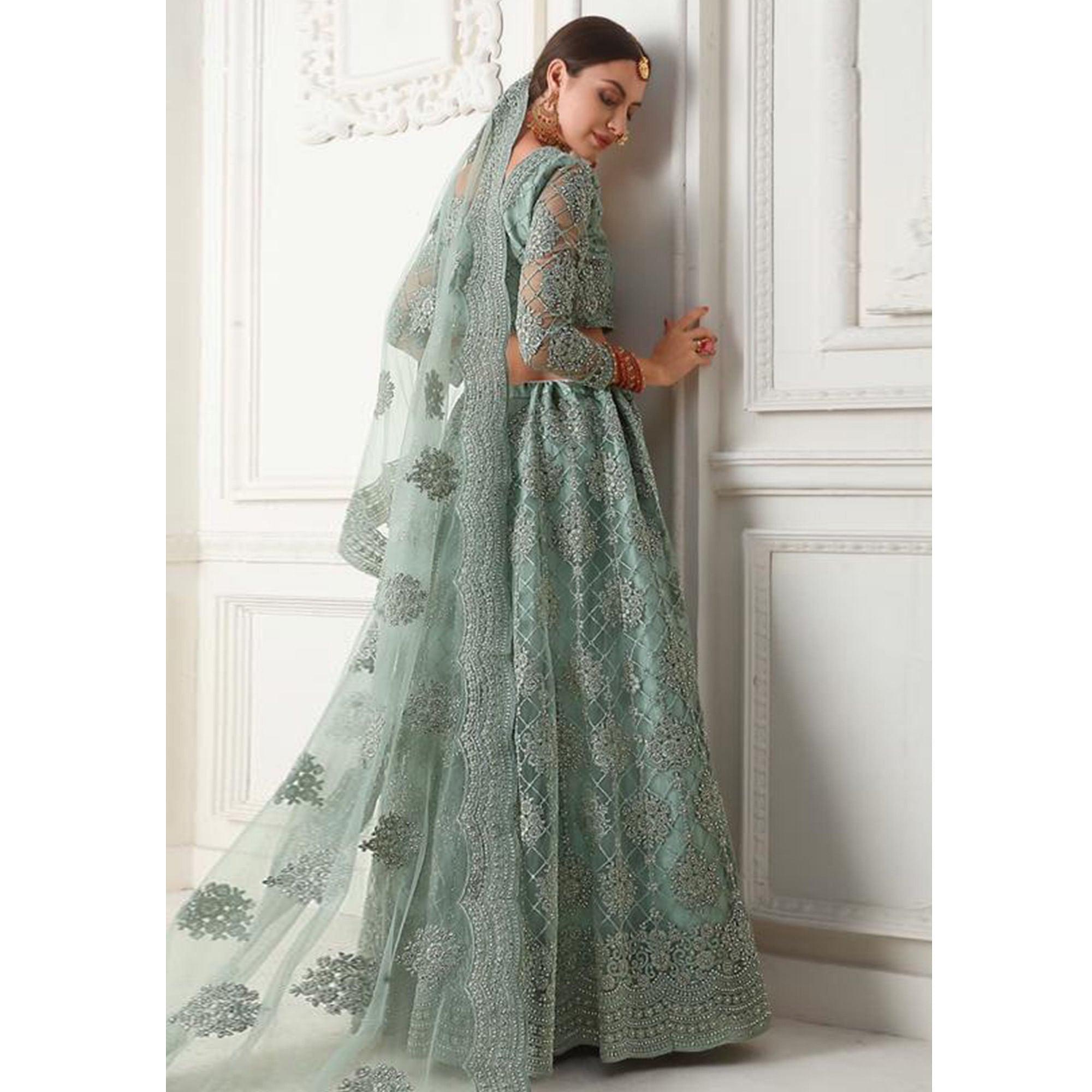 Beautiful Teal Grey Colored cording Embroidery Wedding Wear Net Lehenga Choli - Peachmode