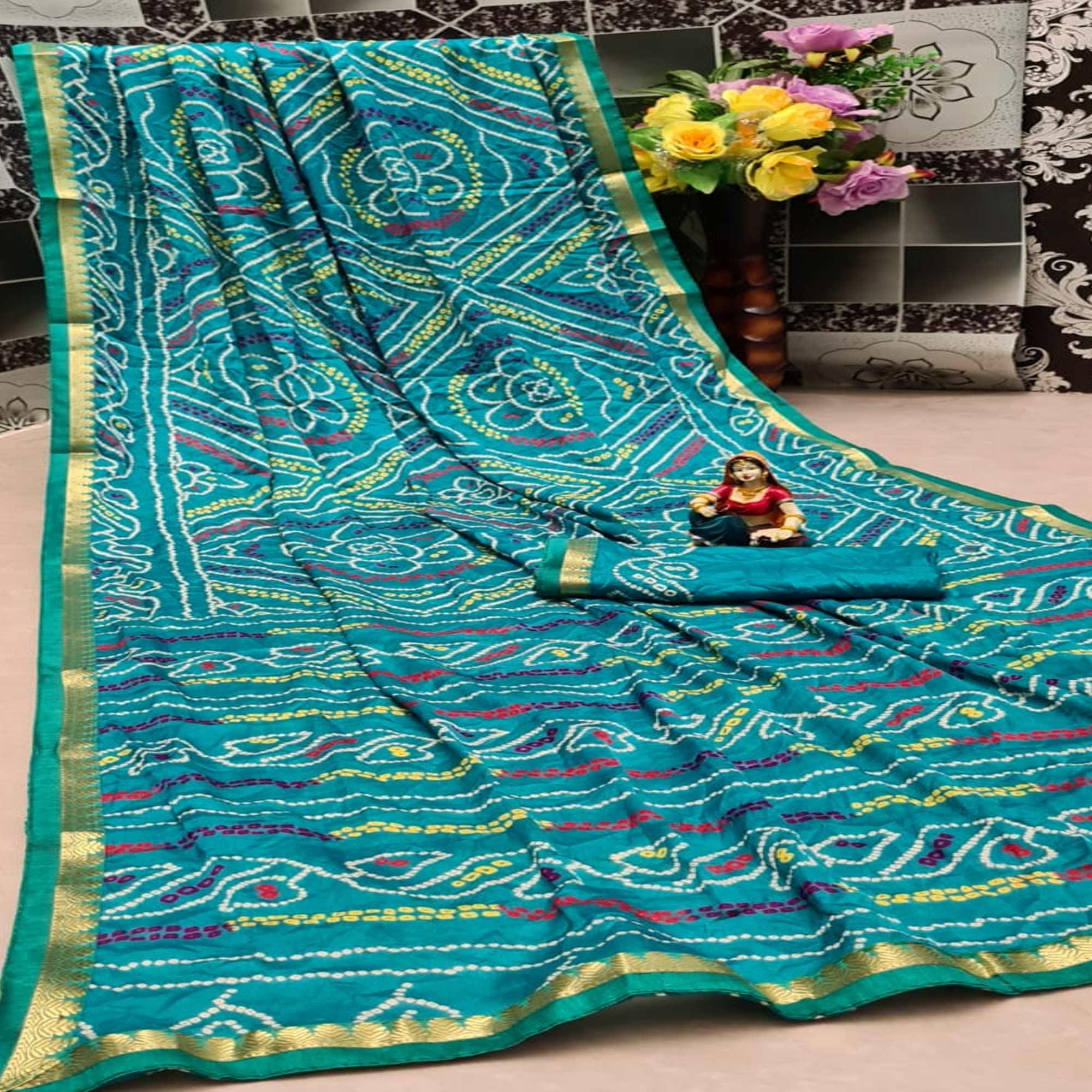 Beautiful Turquoise Blue Colored Festive Wear Woven Moss Georgette Saree - Peachmode