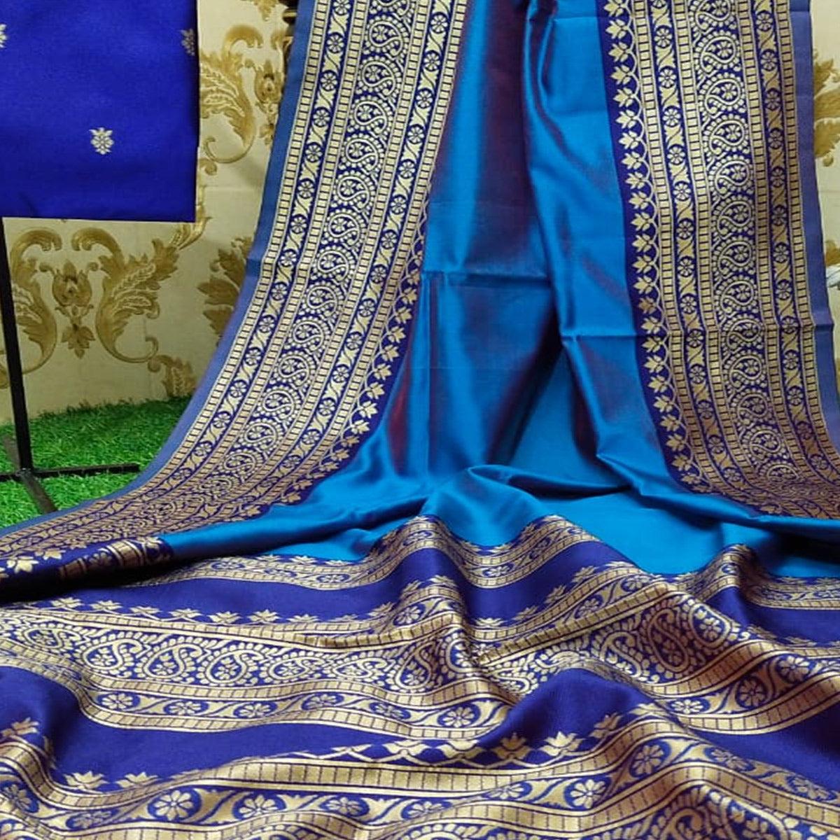 Beautiful Turquoise Blue Colored Festive Wear Woven Soft Lichi Silk Saree - Peachmode