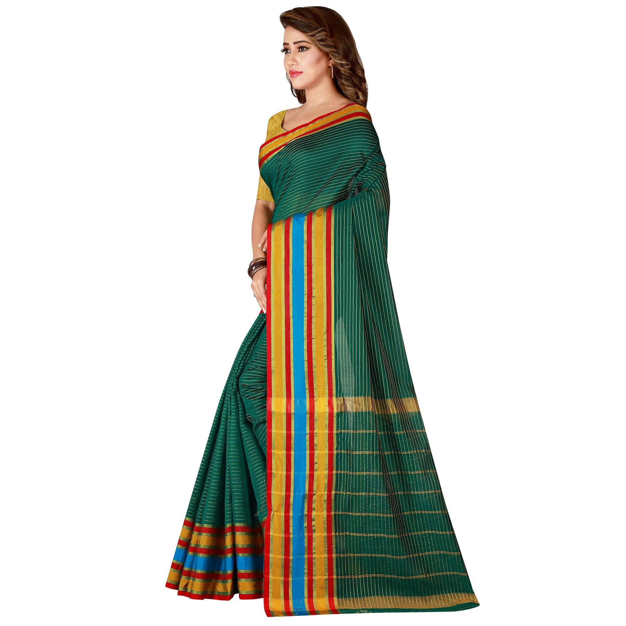 Beautiful Turquoise Green Colored Casual Wear Cotton Silk Saree - Peachmode