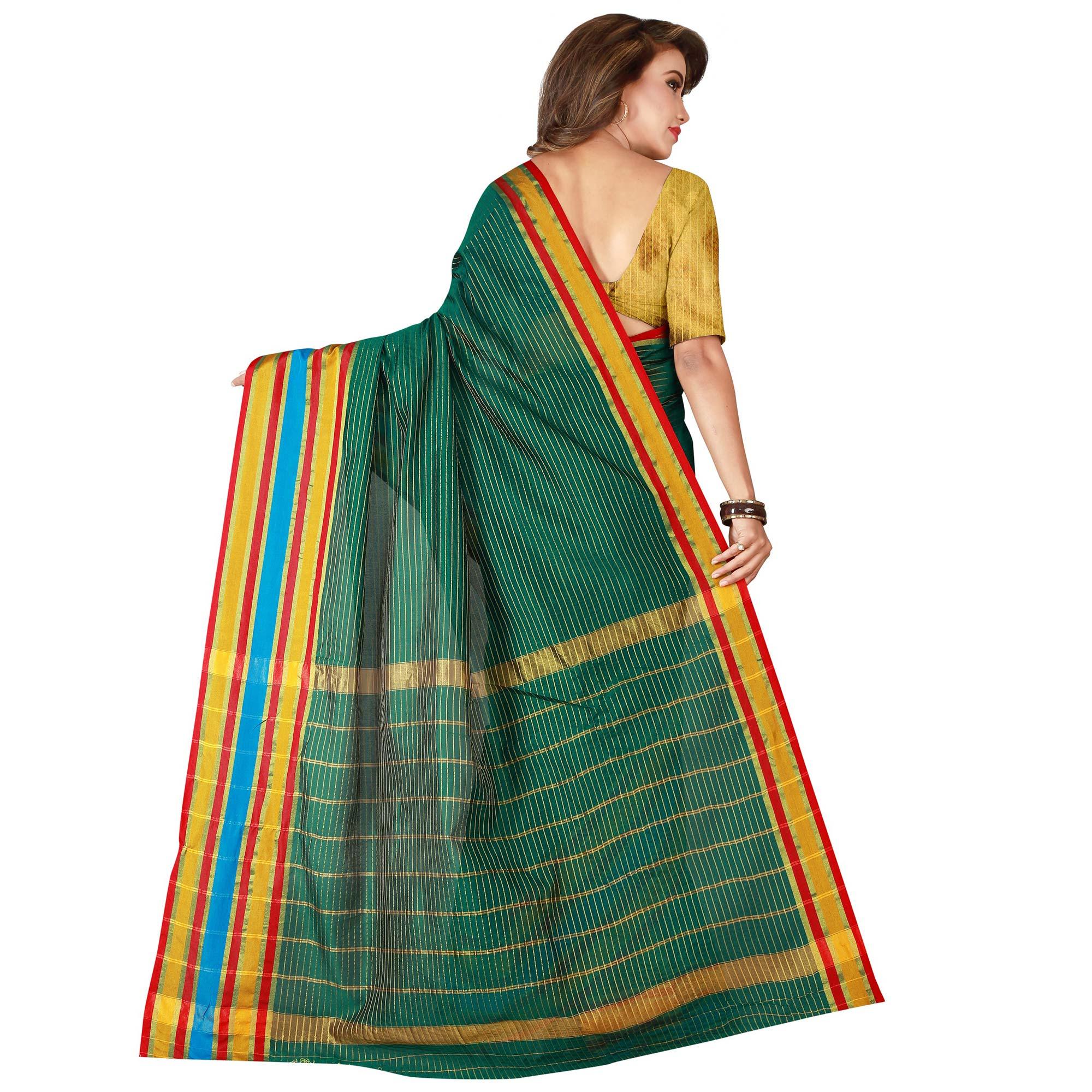 Beautiful Turquoise Green Colored Casual Wear Cotton Silk Saree - Peachmode