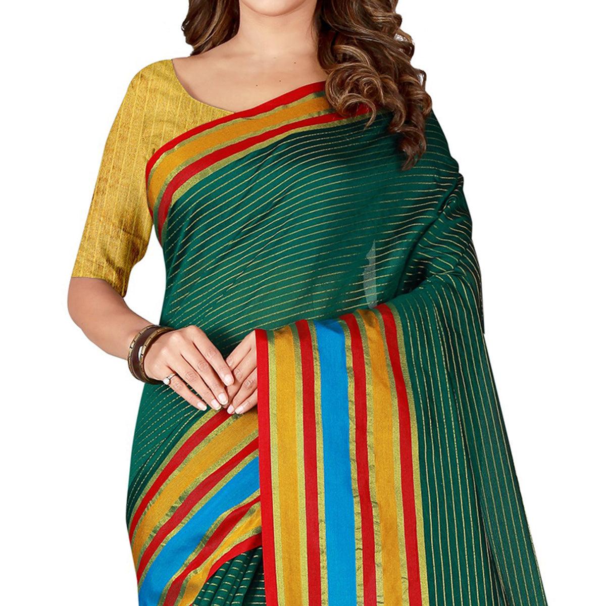 Beautiful Turquoise Green Colored Casual Wear Cotton Silk Saree - Peachmode