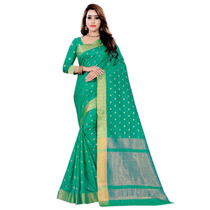 Beautiful Turquoise Green Colored Festive Wear Woven Art Silk Saree - Peachmode
