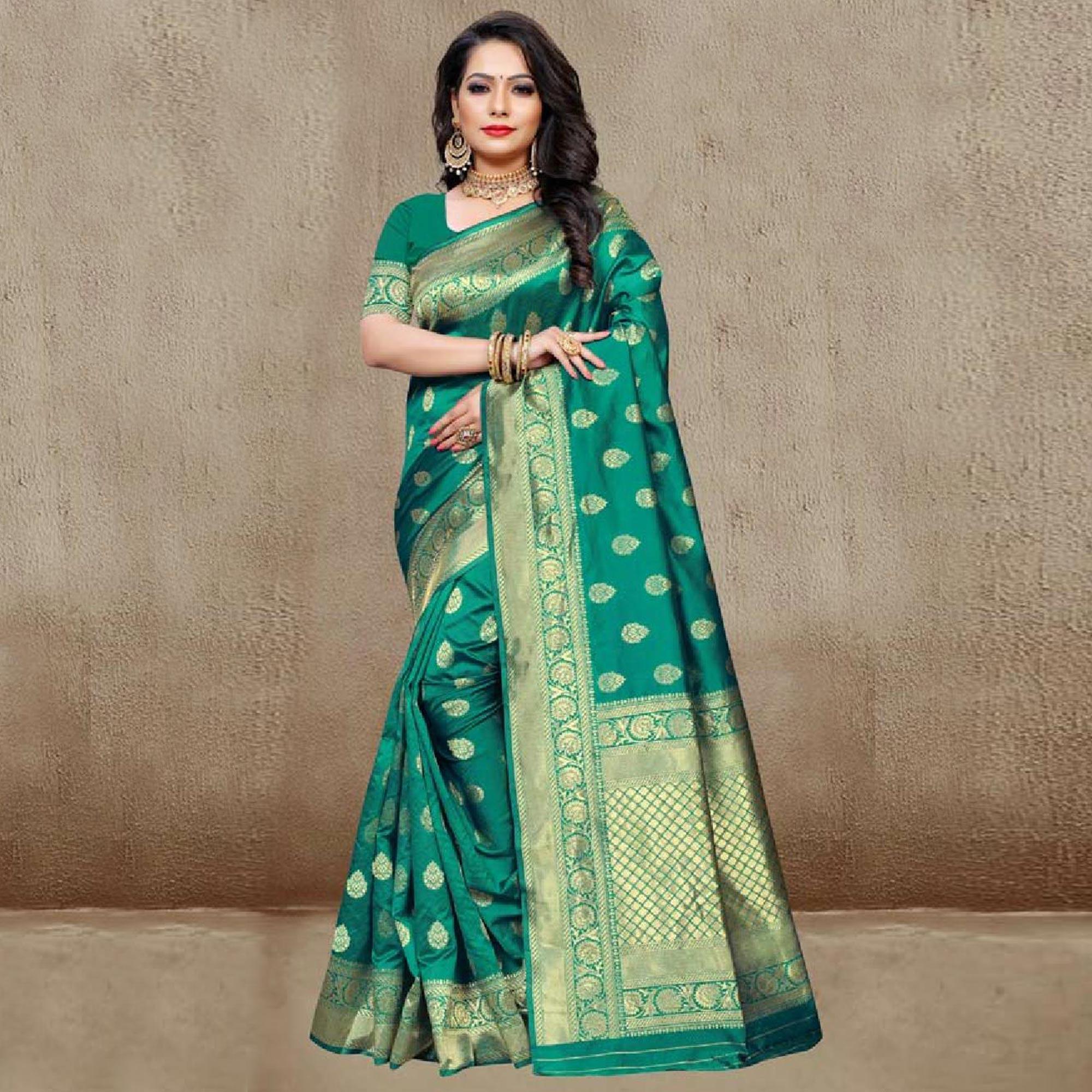 Beautiful Turquoise Green Colored Festive Wear Woven Art Silk Saree - Peachmode