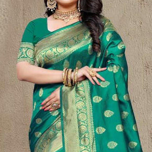 Beautiful Turquoise Green Colored Festive Wear Woven Art Silk Saree - Peachmode