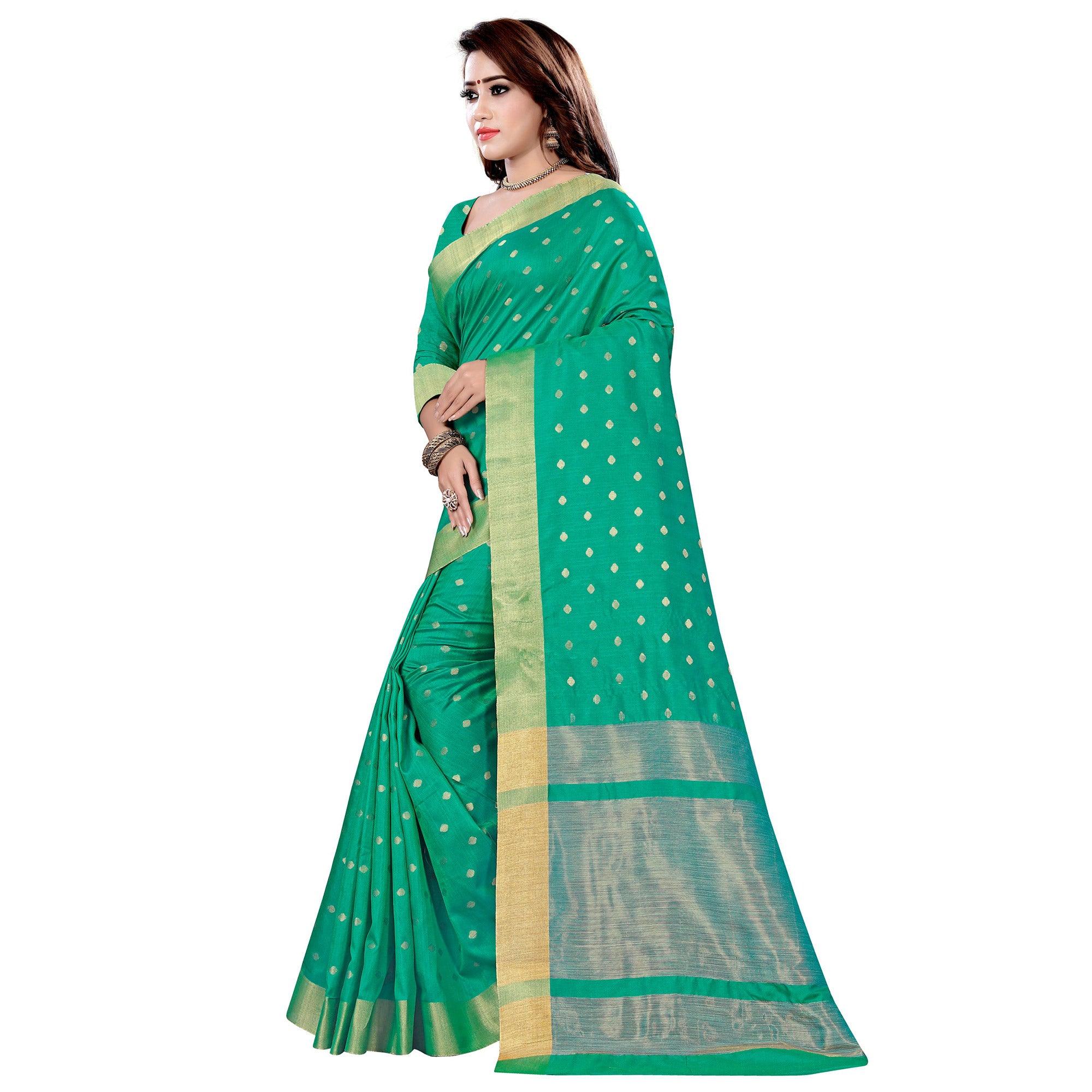 Beautiful Turquoise Green Colored Festive Wear Woven Art Silk Saree - Peachmode
