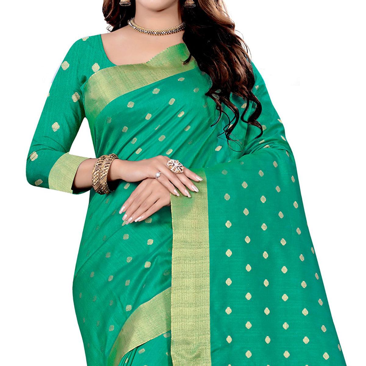 Beautiful Turquoise Green Colored Festive Wear Woven Art Silk Saree - Peachmode