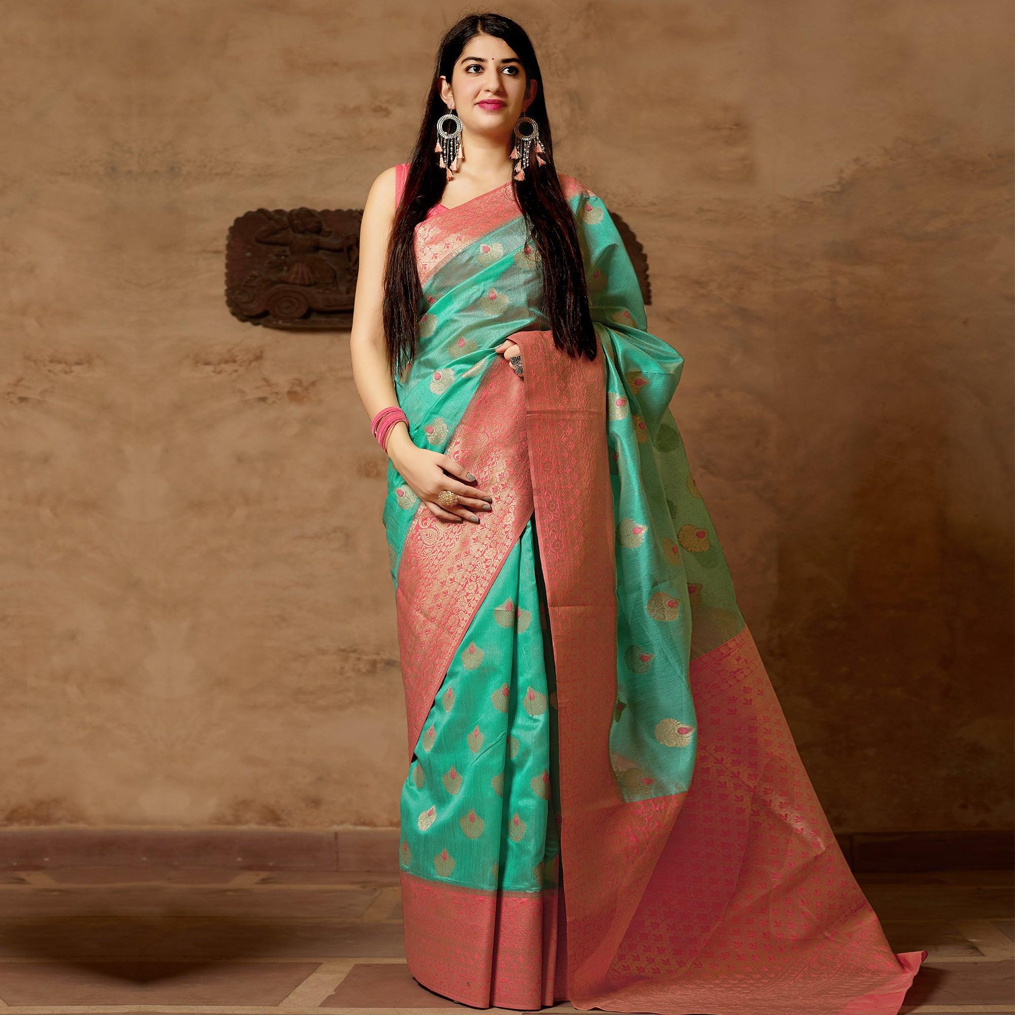 Beautiful Turquoise Green Colored Festive Wear Woven Banarasi Silk Saree - Peachmode