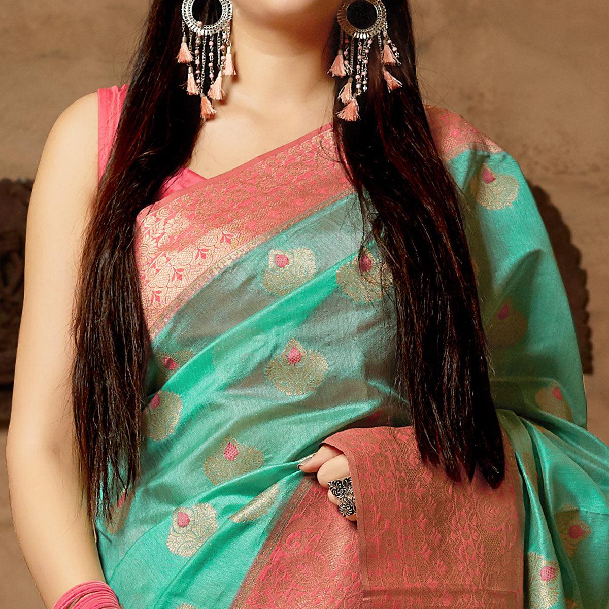 Beautiful Turquoise Green Colored Festive Wear Woven Banarasi Silk Saree - Peachmode