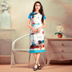 Beautiful White-Blue Colored Casual Digital Rayon Kurti - Peachmode