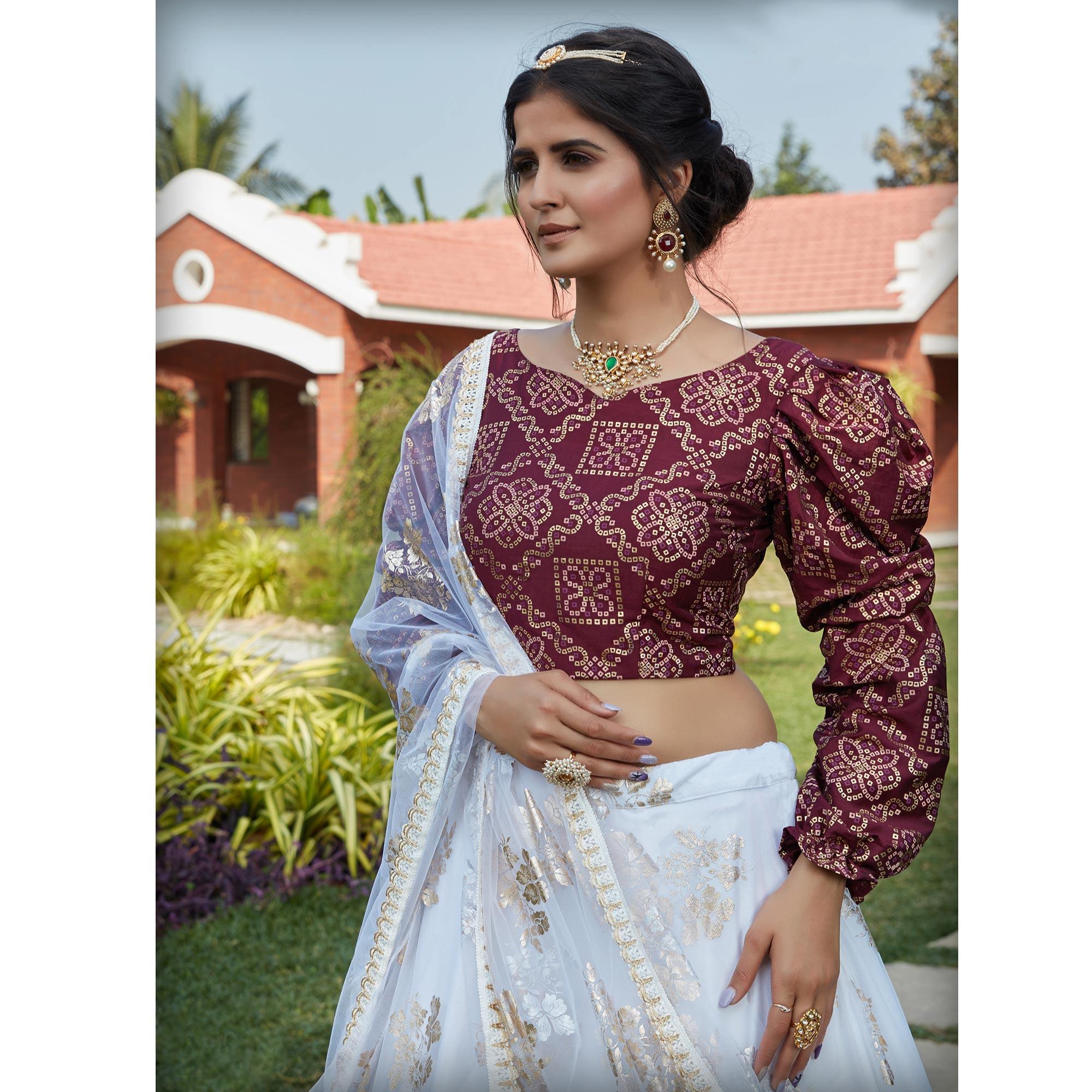 Beautiful White Coloured Metallic Foil Printed Net Lehenga Choli - Peachmode