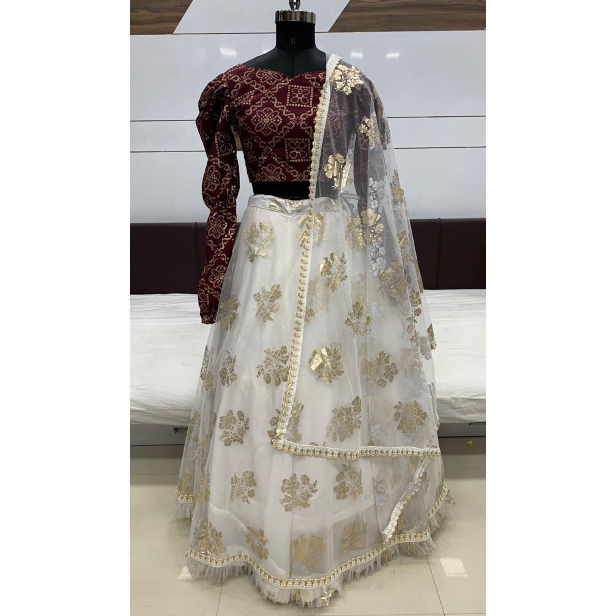 Beautiful White Coloured Metallic Foil Printed Net Lehenga Choli - Peachmode