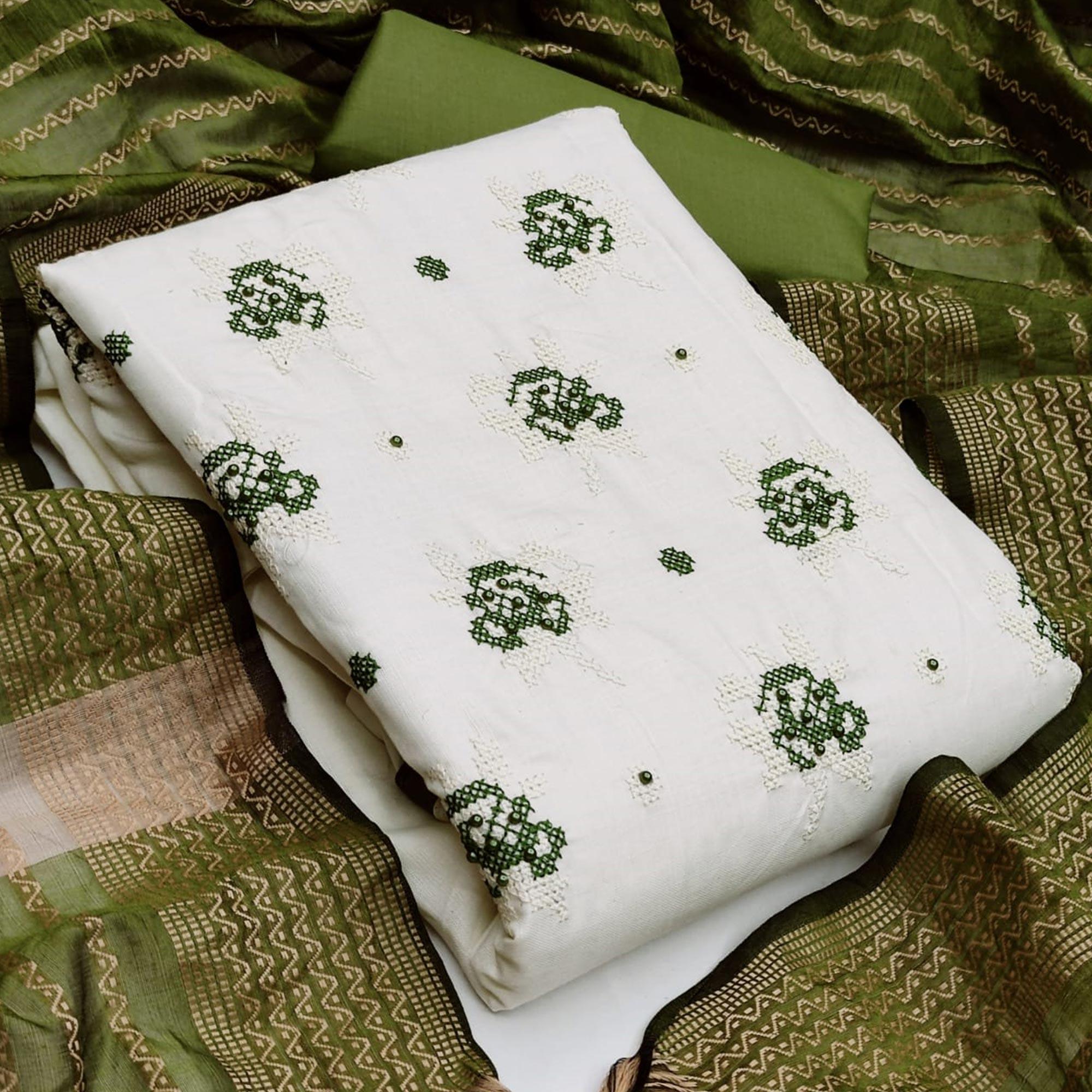 Beautiful White - Mehendi Green Colored Casual Wear Embroidered Cotton Dress Material - Peachmode