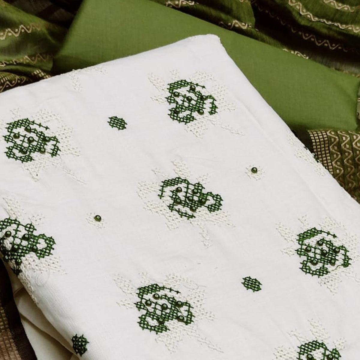 Beautiful White - Mehendi Green Colored Casual Wear Embroidered Cotton Dress Material - Peachmode