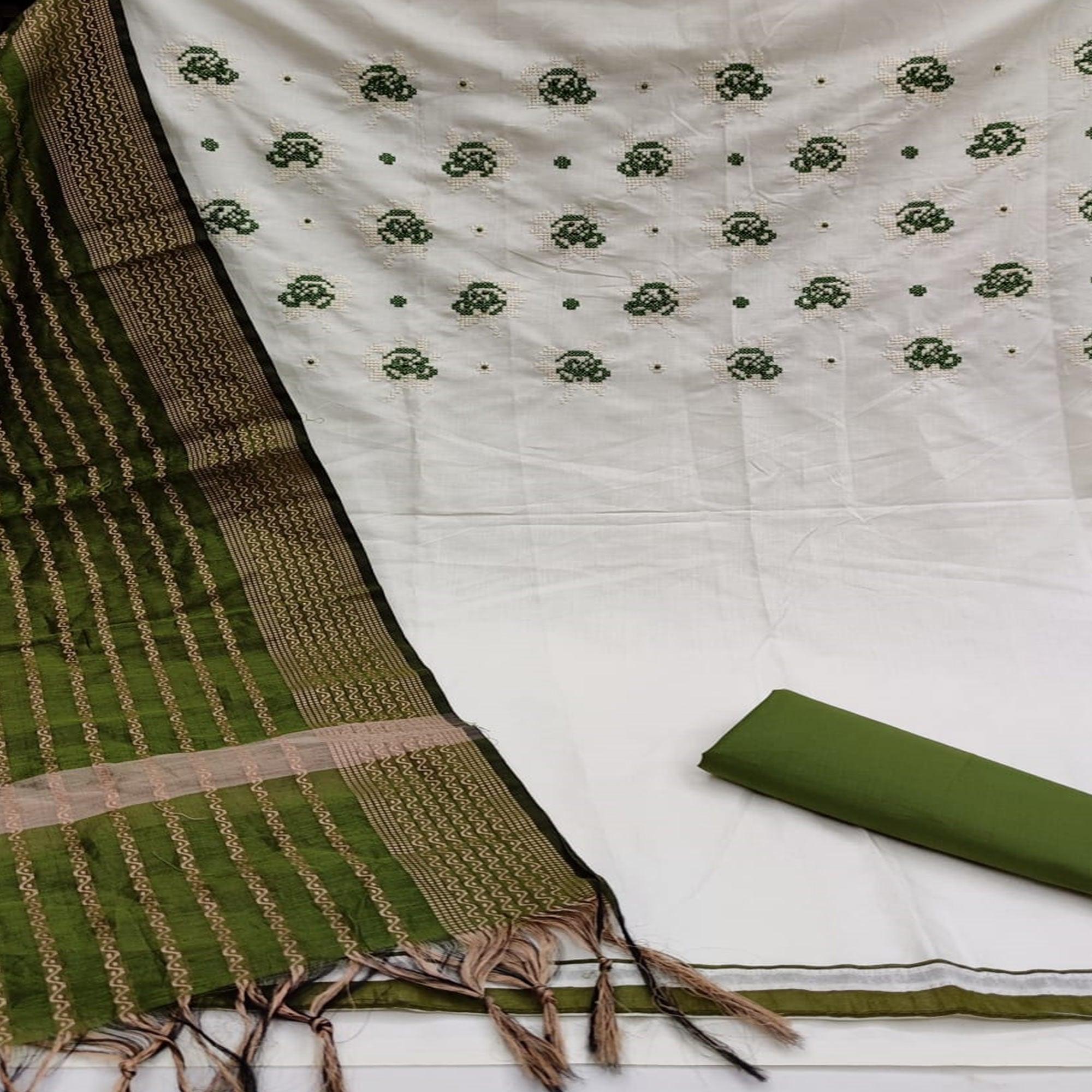 Beautiful White - Mehendi Green Colored Casual Wear Embroidered Cotton Dress Material - Peachmode