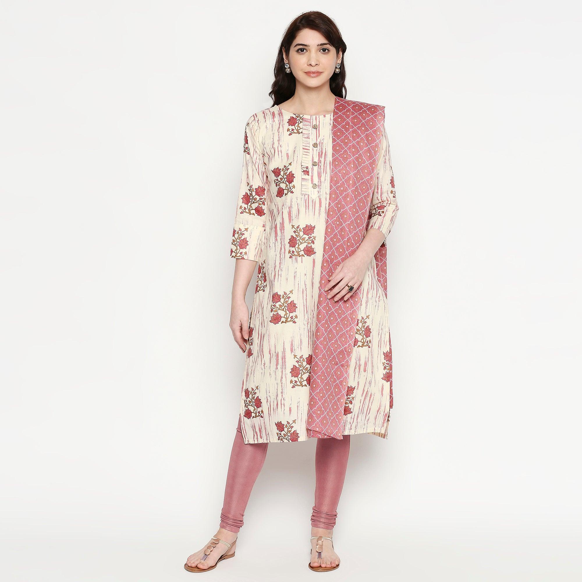Beautiful White-Pink Colored Casual Wear Floral Printed Cotton Kurti With Dupatta - Peachmode