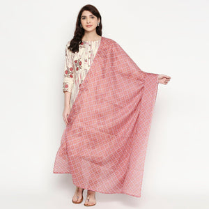 Beautiful White-Pink Colored Casual Wear Floral Printed Cotton Kurti With Dupatta - Peachmode