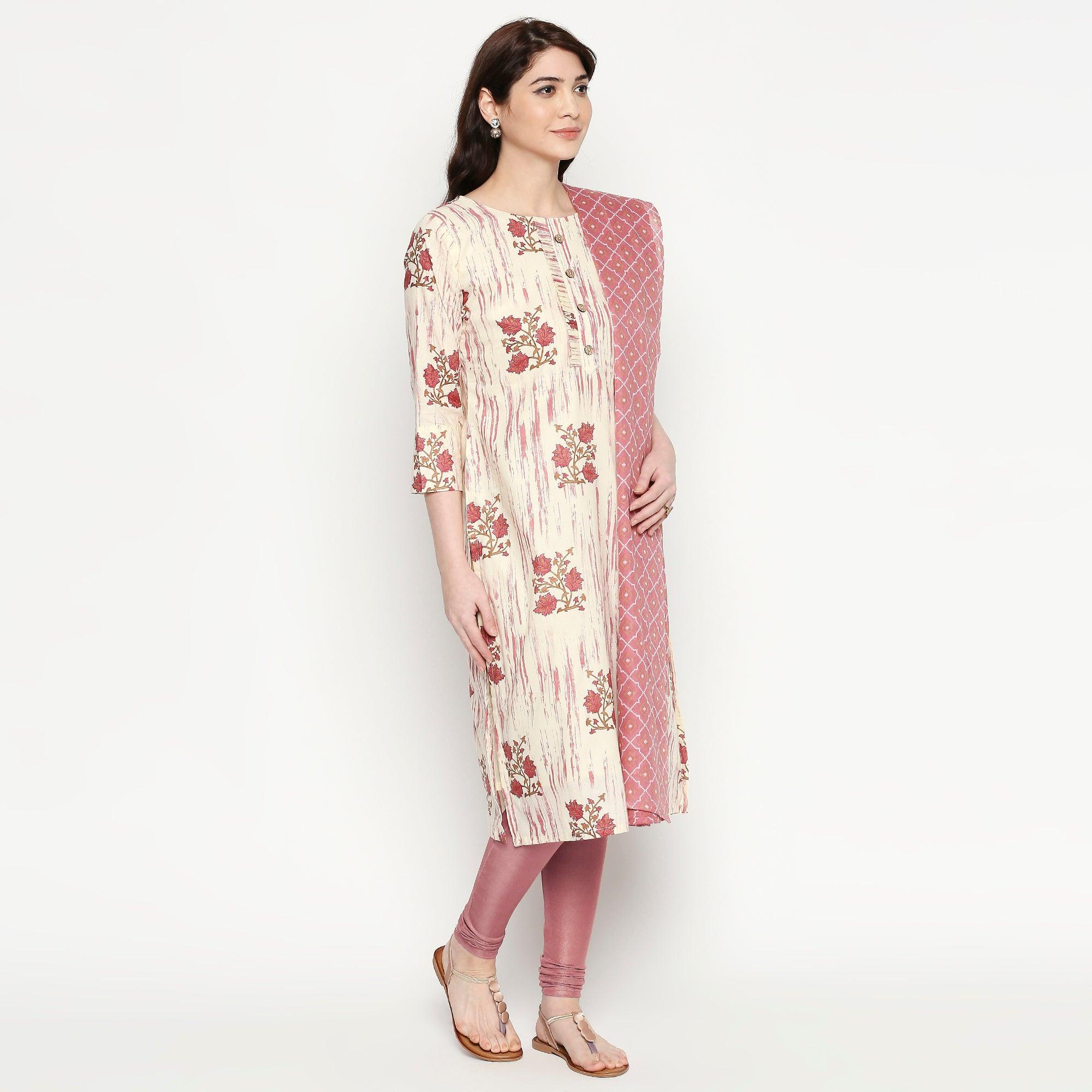 Beautiful White-Pink Colored Casual Wear Floral Printed Cotton Kurti With Dupatta - Peachmode