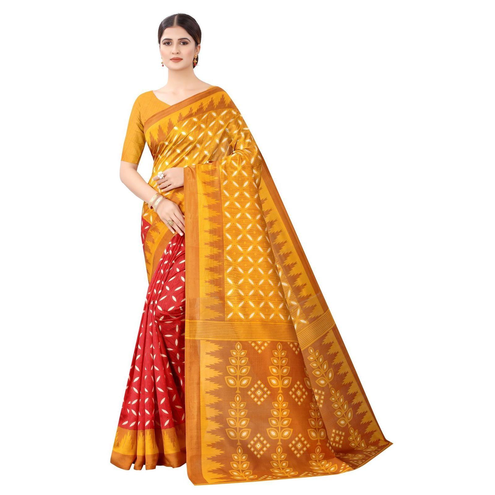 Beautiful Yellow Colored Casual Wear Printed Art Silk Saree - Peachmode