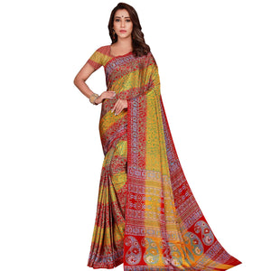 Beautiful Yellow Colored Casual Wear Printed Silk Crepe Saree - Peachmode