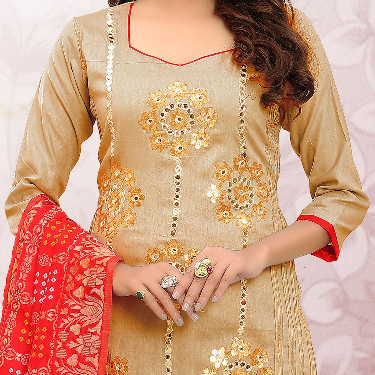 Beautiful Yellow Colored Festive Wear Embroidered Heavy Cotton Dress Material - Peachmode