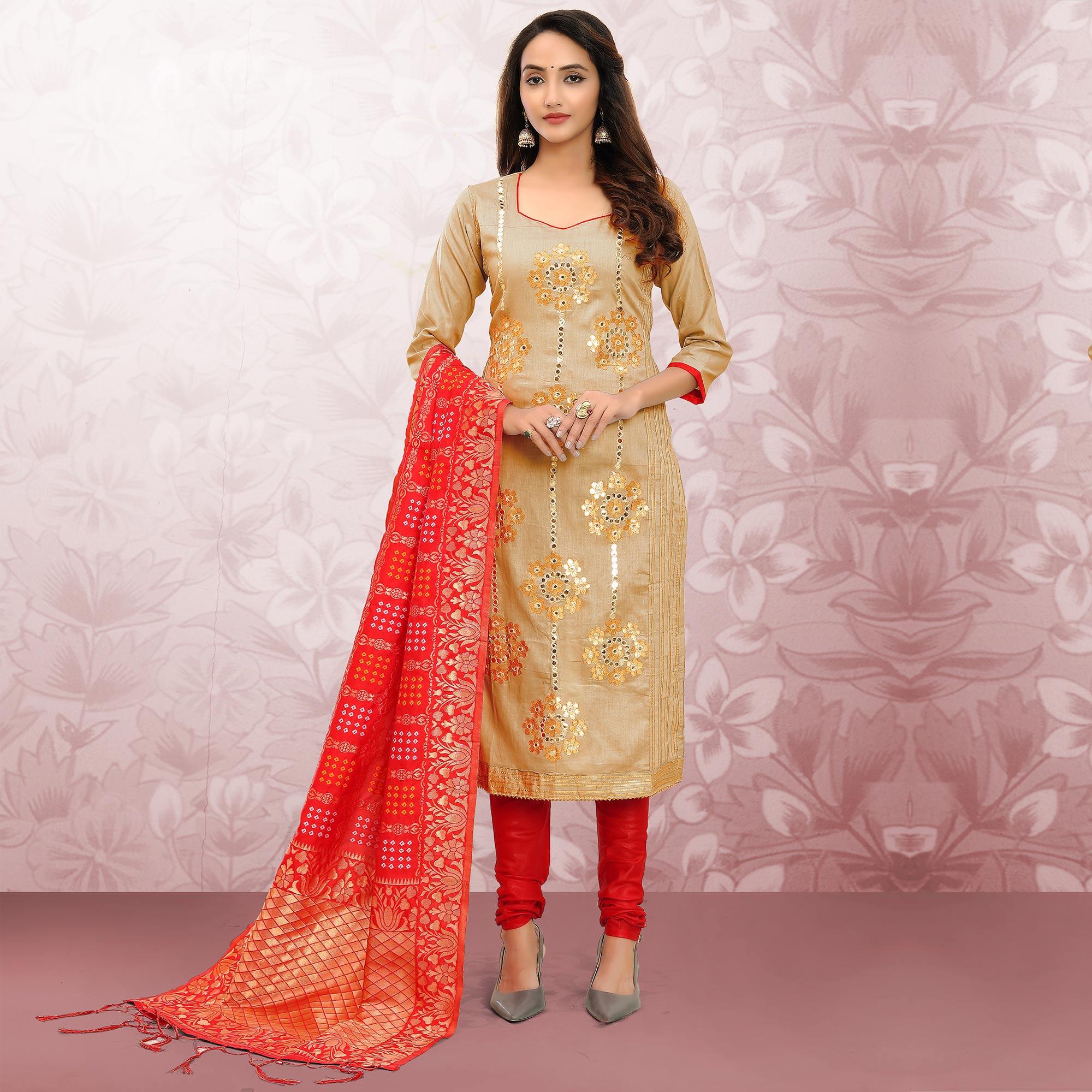 Beautiful Yellow Colored Festive Wear Embroidered Heavy Cotton Dress Material - Peachmode