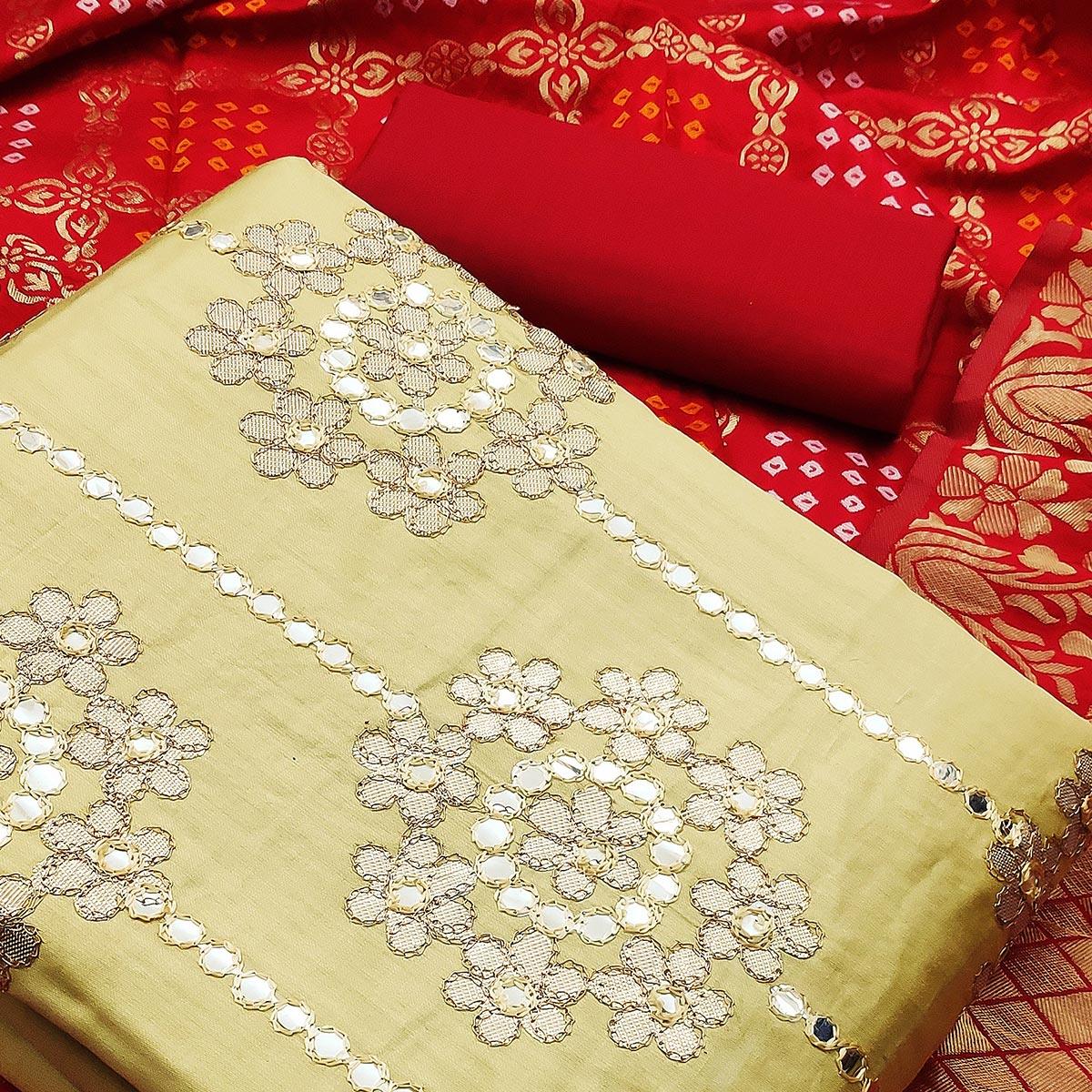 Beautiful Yellow Colored Festive Wear Embroidered Heavy Cotton Dress Material - Peachmode