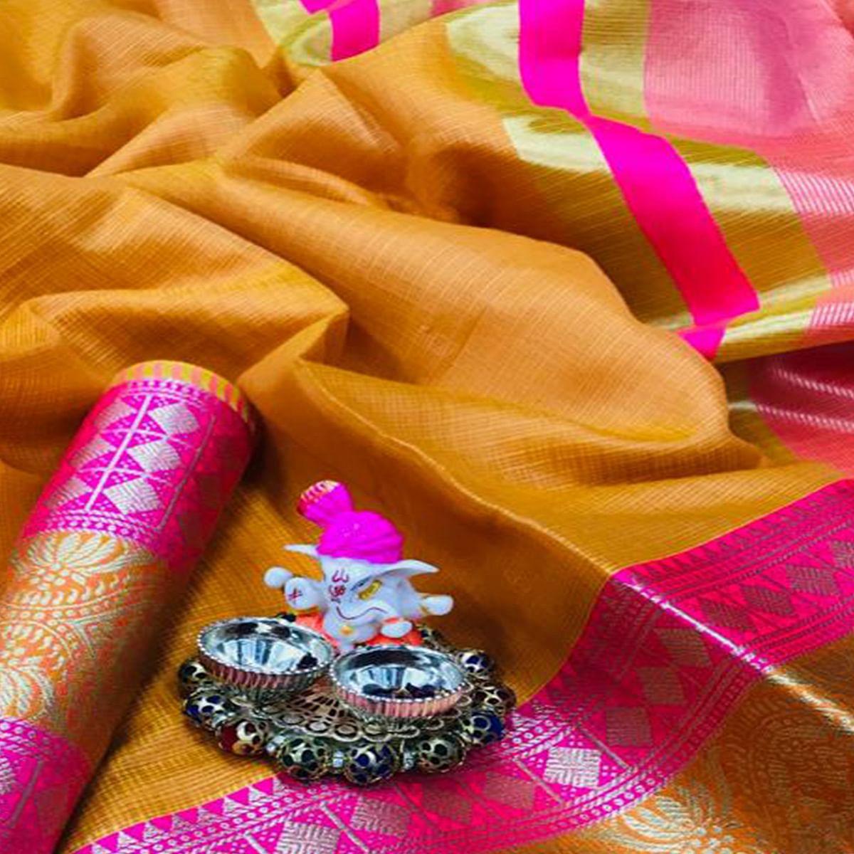Beautiful Yellow Colored Festive Wear Woven Heavy Cotton Saree - Peachmode