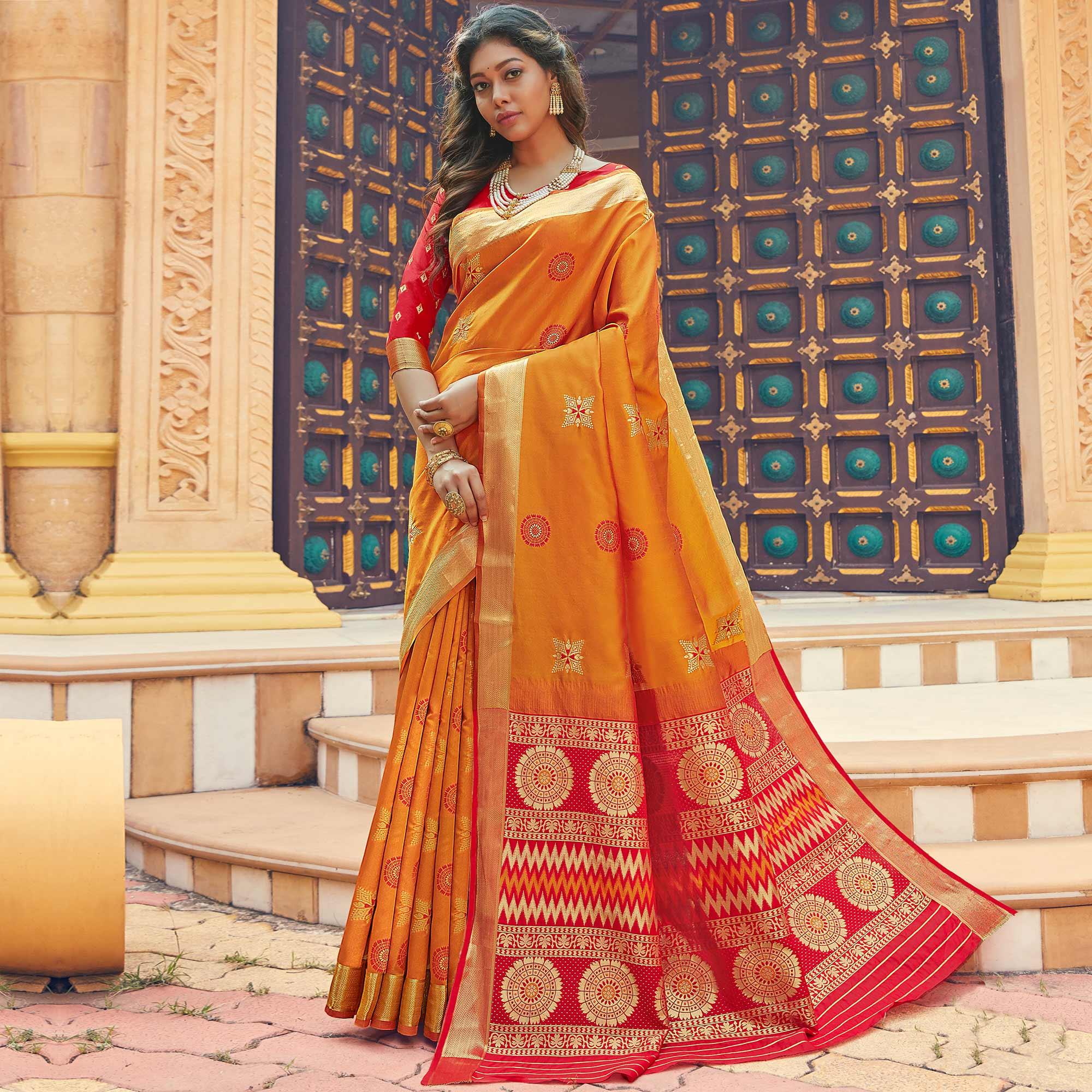 Beautiful Yellow Colored Festive Wear Woven Silk Saree - Peachmode