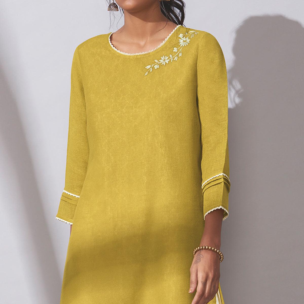 Beautiful Yellow Colored Party Wear Embroidered Khadi Cotton Kurti-Palazzo Set - Peachmode