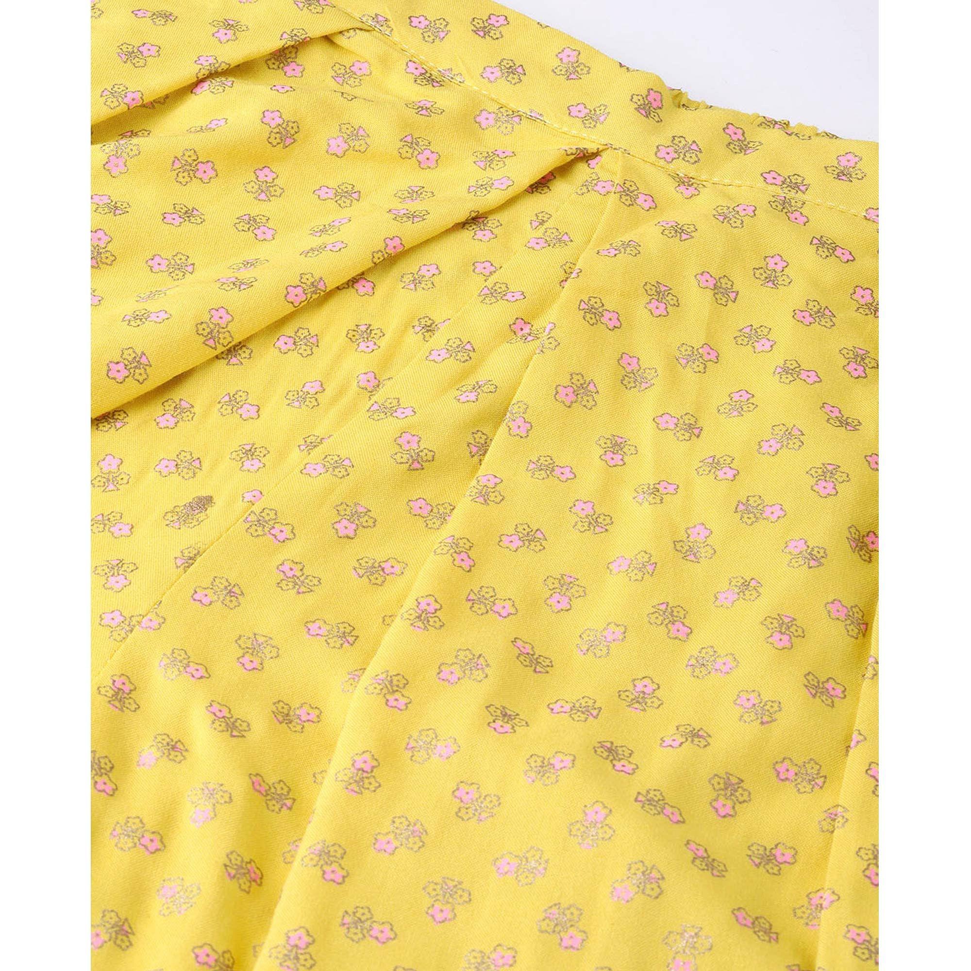 Beautiful Yellow Colored Party Wear Printed Viscose-Rayon Kurti-Palazzo Set With Jacket - Peachmode