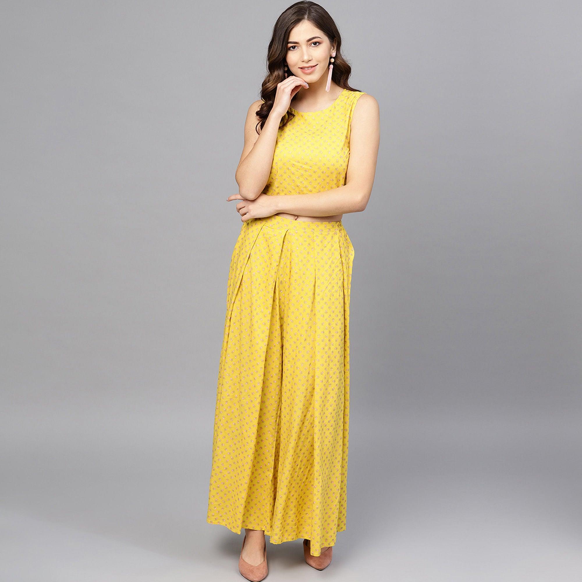 Beautiful Yellow Colored Party Wear Printed Viscose-Rayon Kurti-Palazzo Set With Jacket - Peachmode