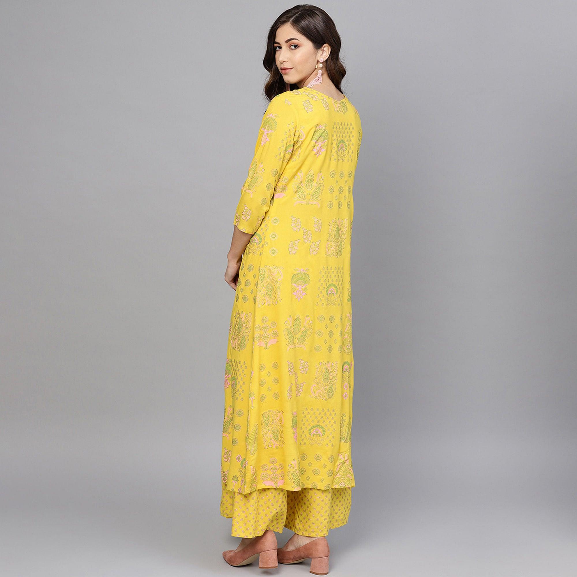 Beautiful Yellow Colored Party Wear Printed Viscose-Rayon Kurti-Palazzo Set With Jacket - Peachmode