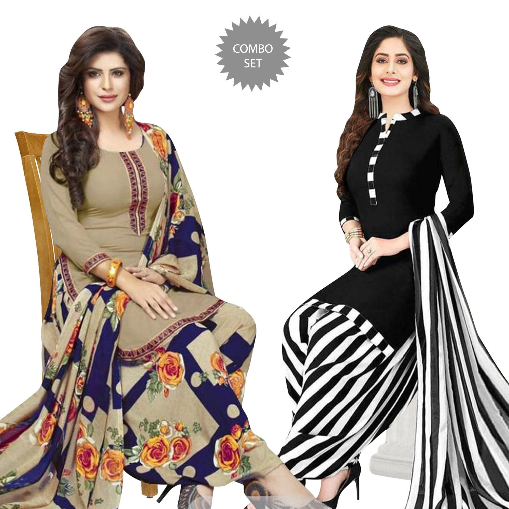 Beige & Black Casual Wear Printed Crepe Patiala Dress Material - Pack Of 2 - Peachmode