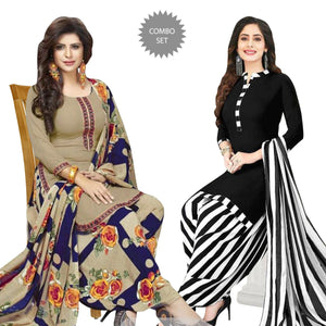 Beige & Black Casual Wear Printed Crepe Patiala Dress Material - Pack Of 2 - Peachmode
